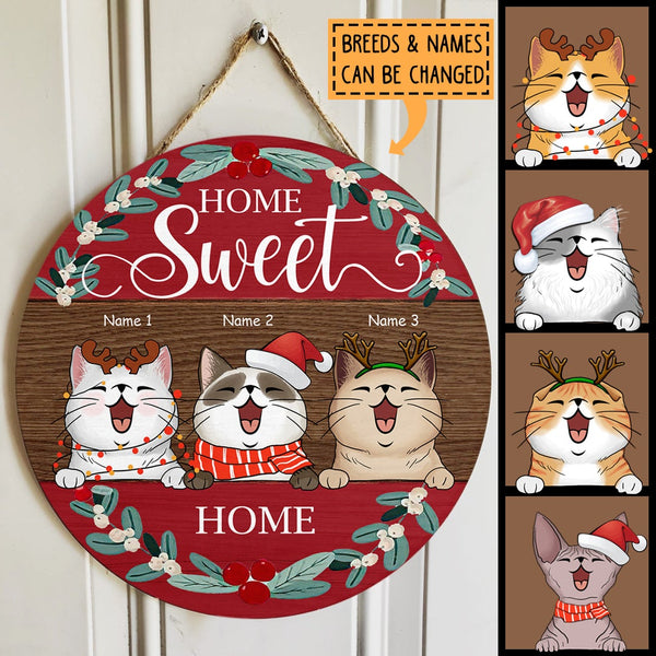 Home Sweet Home - Red Top And Bottom - Personalized Cat Christmas Door Sign