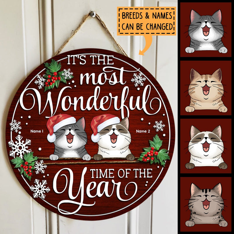 It's The Most Wonderful Time Of The Year - Burgundy Background - Personalized Cat Christmas Door Sign