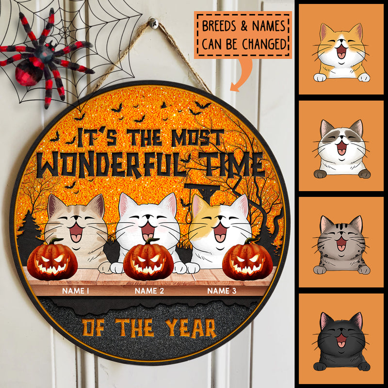 It's The Most Wonderful Time Of The Year - Orange Sky - Personalized Cat Halloween Door Sign