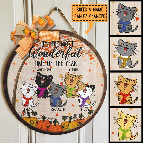 It's The Most Wonderful Time Of The Year - Personalized Cute Laughing Cat Wear Scarf Autumn Door Sign
