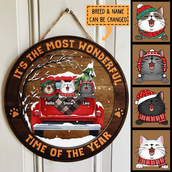 It's The Most Wonderful Time Of The Year - Dark Old Wooden - Red Truck - Personalized Cat Christmas Door Sign