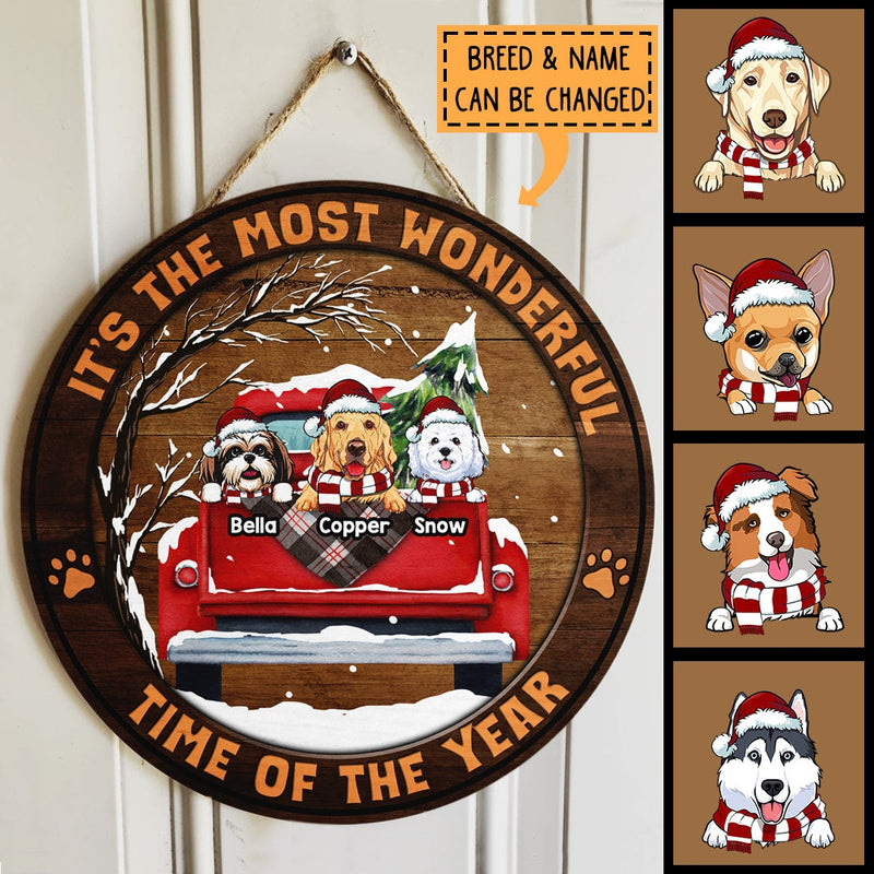 It's The Most Wonderful Time Of The Year - Dark Old Wooden - Red Truck - Personalized Dog Christmas Door Sign