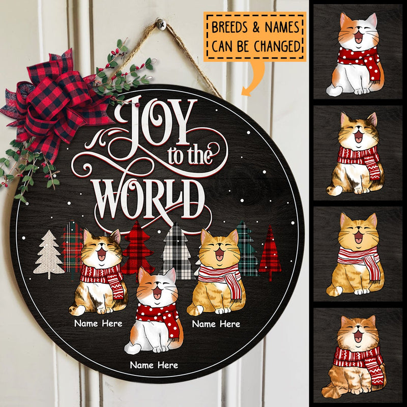 Joy To The World - Cats Wear Scarf - Starry Night - Personalized Cat Christmas Door Sign