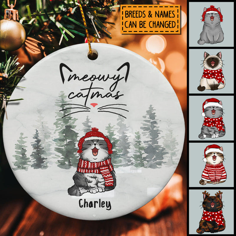 Meowy Catmas, Winter Circle Ceramic Ornament, Personalized Cat Breeds Ornament, Xmas Gifts For Cat Lovers