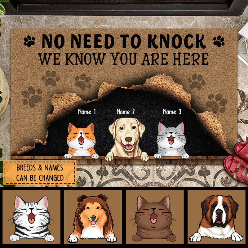 No Need To Knock, We Know You Are Here, Cute Naughty Pet & Brown Background, Personalized Dog& Cat Lovers Doormat