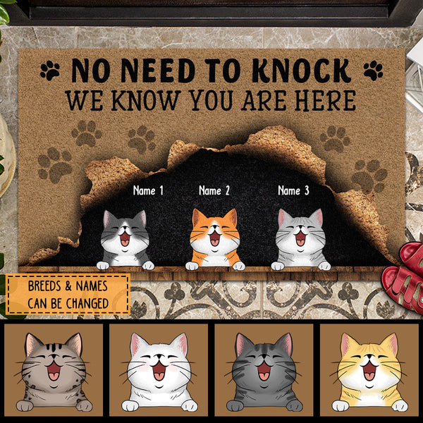 No Need To Knock, We Know You Are Here, Cute Naughty Cat & Brown Background, Personalized Cat Lovers Doormat
