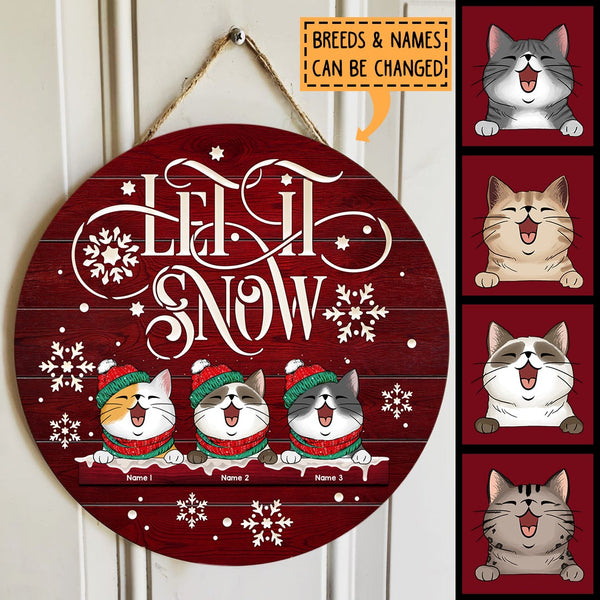 Let It Snow - White Snowflake - Cats Wear Beanie And Scarf - Personalized Cat Christmas Door Sign