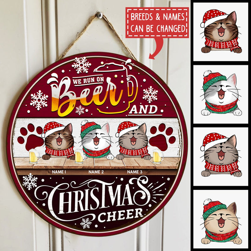 We Run On Beer And Christmas Cheer - Black & Red - Personalized Cat Christmas Door Sign