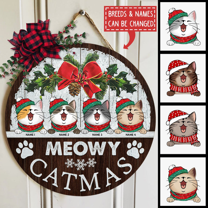 Meowy Catmas, Christmas Rustic Door Hanger, Personalized Christmas Cat Breeds Door Sign, Front Door Decor