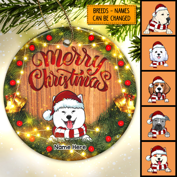Merry Christmas Wreath With Warm Light Circle Ceramic Ornament - Personalized Dog Lovers Decorative Christmas Ornament