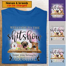 Welcome To Shitshow, Hope You Brought Alcohol, Pink Flowers And Pink Tree Background, Personalized Dog Lovers T-shirt