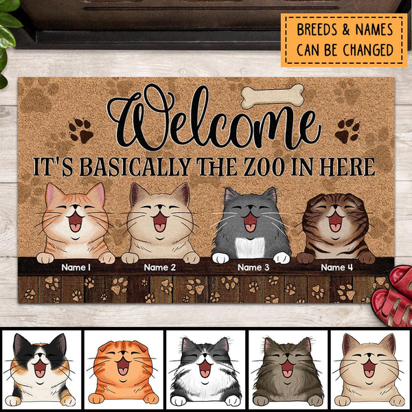 Welcome, It's Basically The Zoo In Here, Cat Paw With Brown Background, Personalized Cat Lovers Doormat