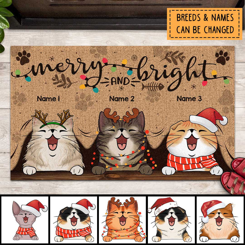 Merry And Bright, Christmas Cat With Light Color, Personalized Cat Lovers Christmas Doormat