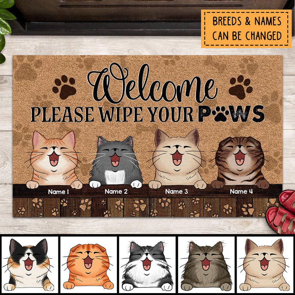 Welcome, Please Wipe Your Paws, Cat Paw With Brown Background, Personalized Cat Lovers Doormat