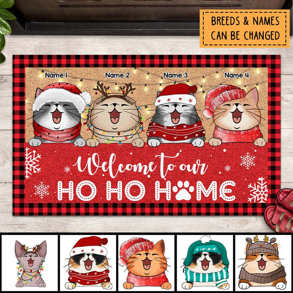Welcome To Our Ho Ho Home, Buffalo Plaid Doormat, Personalized Christmas Cat Breeds Doormat, Xmas Home Decor