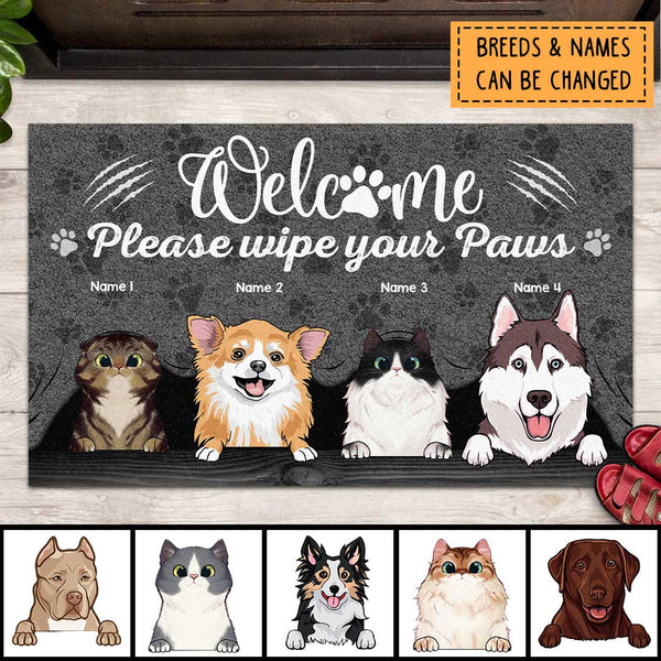 Welcome Please Wipe Your Paws, Grey Curtain Background, Personalized Dog & Cat Breeds Doormat