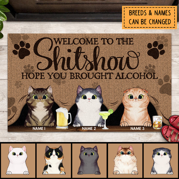 Welcome To The Shitshow Hope You Brought Alcohol, Paws On Brown Curtain Background, Personalized Cat Breeds Doormat