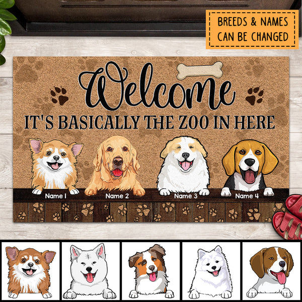 Welcome, It's Basically The Zoo In Here, Dog Paw With Brown Background, Personalized Dog Lovers Doormat