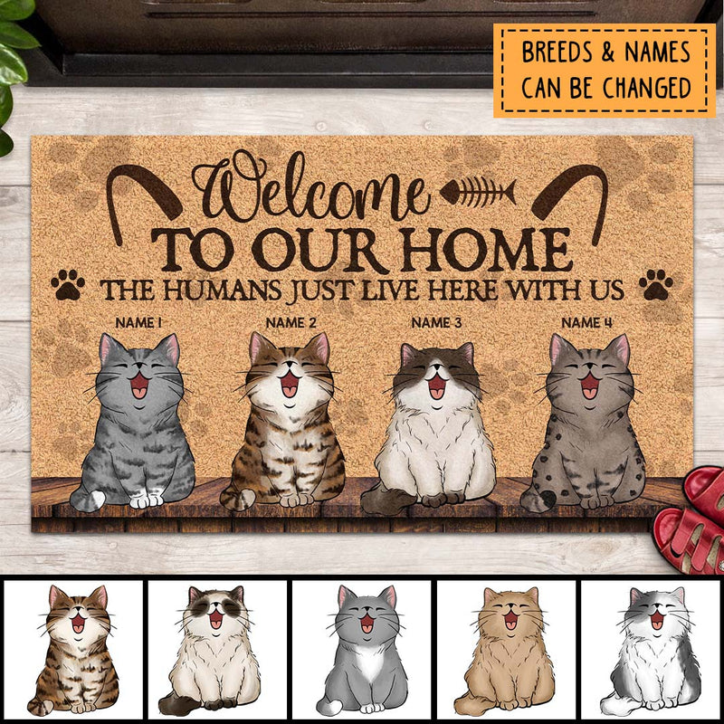 Welcome To Our Home, The Humans Just Live Here With Us, Cat Paws On The Yellow Background, Personalized Cat Doormat