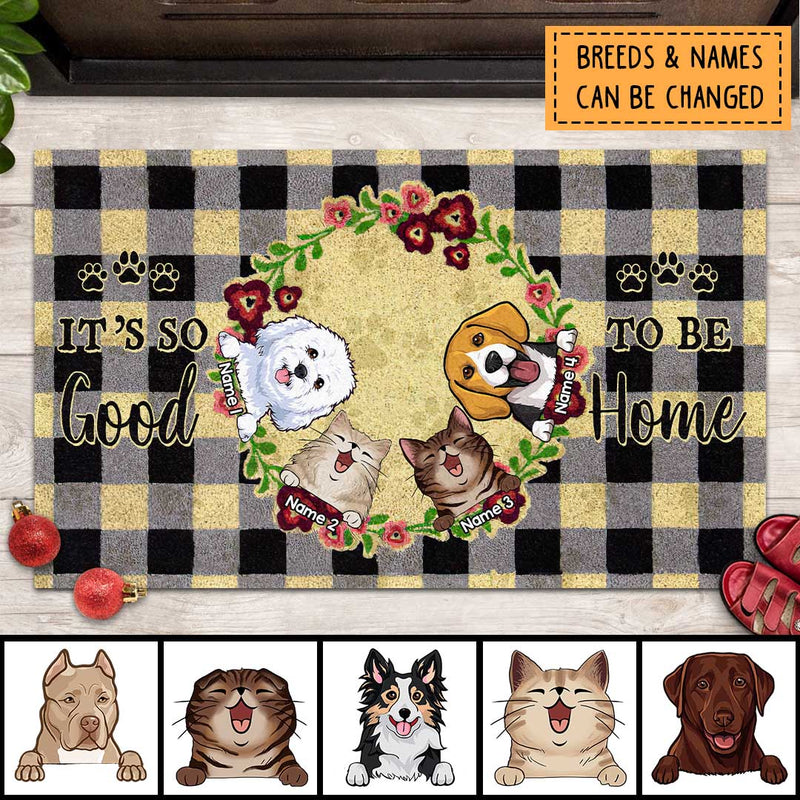 It's So Good To Be Home, Checked Background With Wreath, Personalized Dog & Cat Doormat