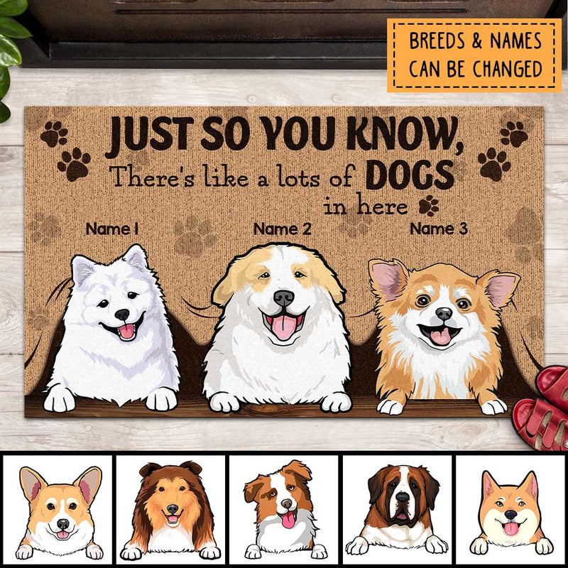 Just So You Know There's Like A Lot Of Dogs In Here, Peeking From Curtain, Personalized Dog Breeds Doormat