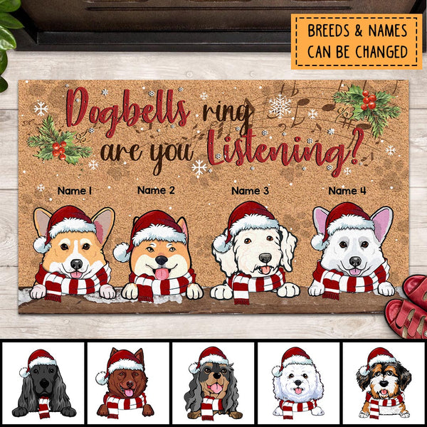 Dogbells Ring Are You Listening, Musical Notes With Christmas Leaves And Paws Background, Personalized Dog Christmas Doormat