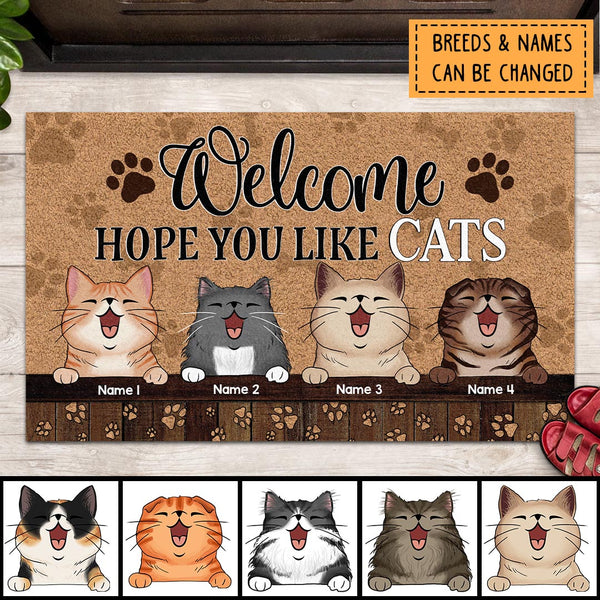 Welcome, Hope You Like Cats, Cat Paw With Brown Background, Personalized Cat Lovers Doormat