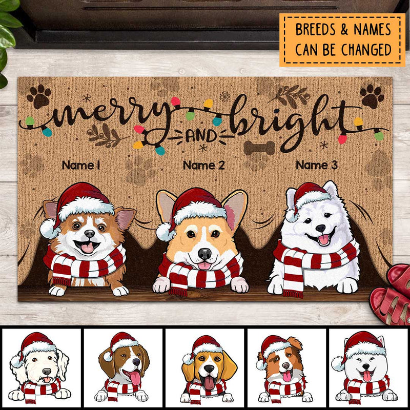 Merry And Bright, Christmas Dog With Light Color, Personalized Dog Lovers Christmas Doormat