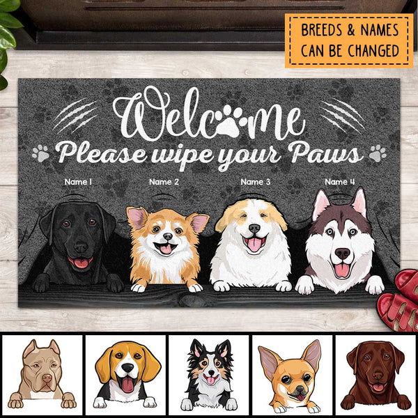 Welcome Please Wipe Your Paws, Grey Curtain Background, Personalized Dog Breeds Doormat