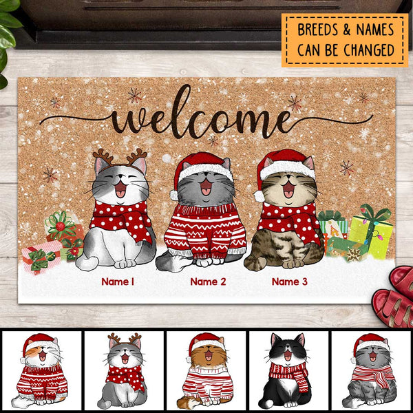 Welcome, Snowflake Doormat, Personalized Cat Breeds Doormat, Gifts For Cat Lovers, Christmas Home Decor