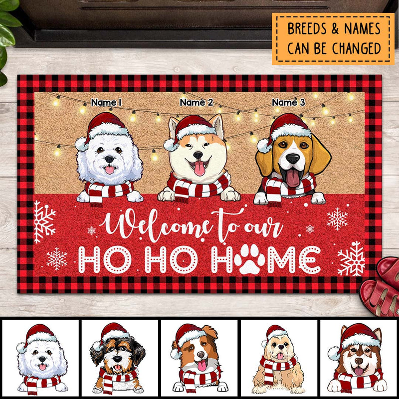 Welcome To Our Ho Ho Home, Buffalo Plaid Doormat, Personalized Christmas Dog Breeds Doormat, Xmas Home Decor