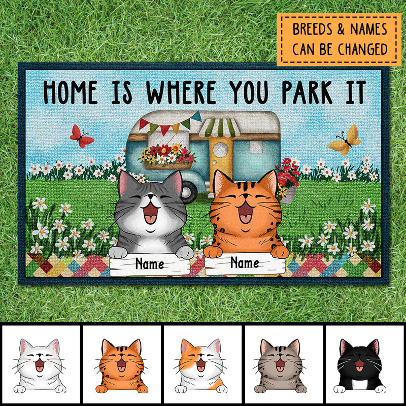 Home Is Where You Park It, Camper Vans The Green Field With Flowers And Butterflies, Personalized Cat Lovers Doormat