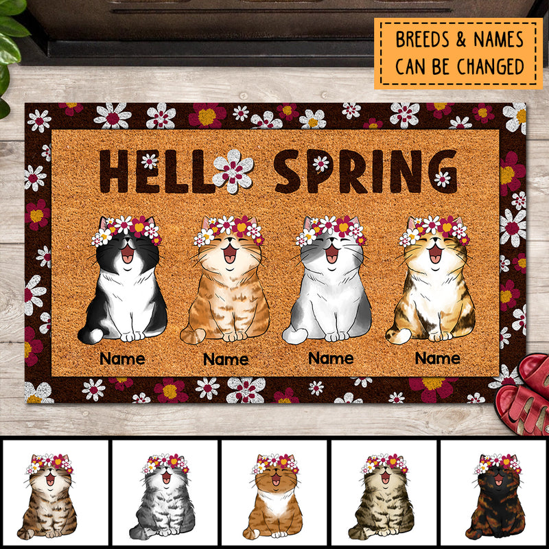 Personalized Doormat, Home Decor Rug, Gift for Cat Lovers Mat, Chubby Cat With Sakura Flower Wreath, Hello Spring