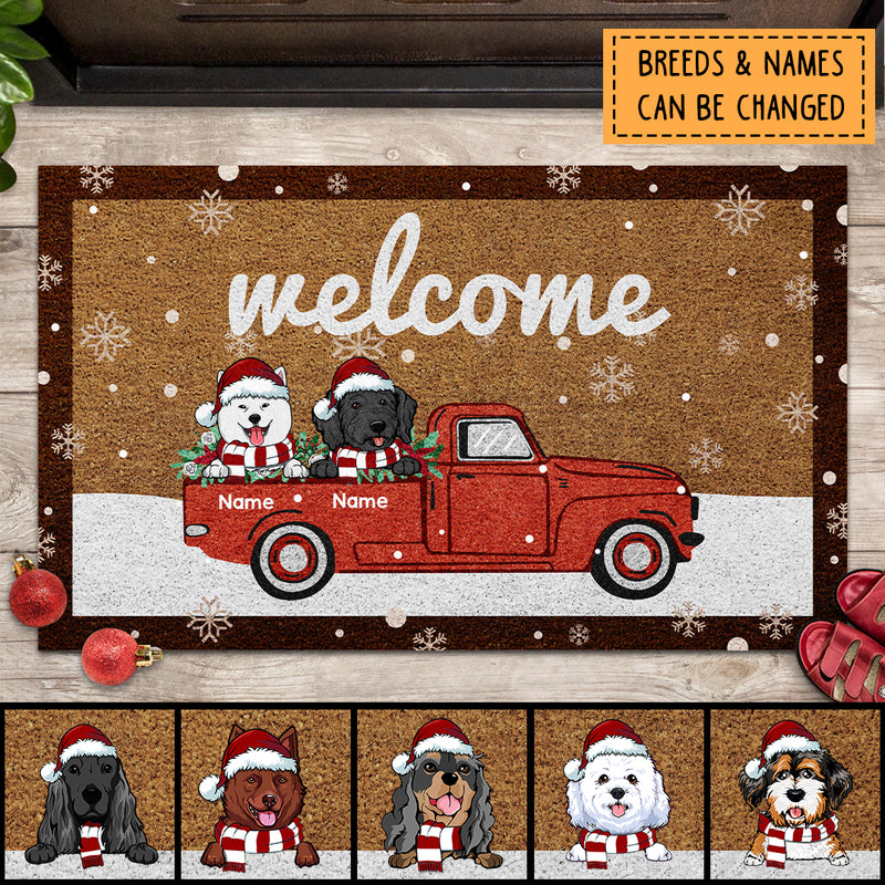 Welcome Dog On The Red Truck Snow, Personalized Dog Christmas Doormat