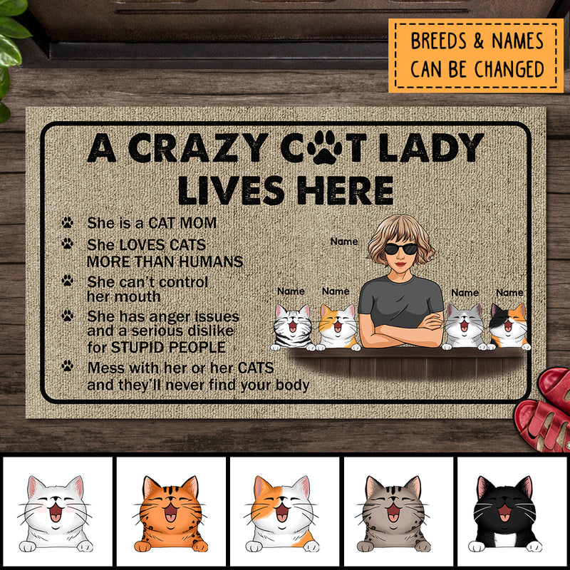 Cat Lover Custom Doormat, A Crazy Cat Lady Live Here Personalized Gift For Cat Mom, Funny Warning Mat