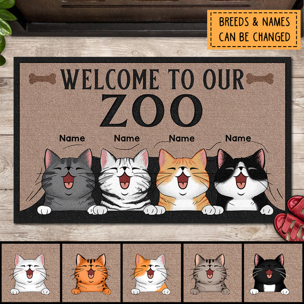 Welcome To Our Zoo, Cat Peeking From Curtain Doormat, Personalized Dog & Cat Doormat