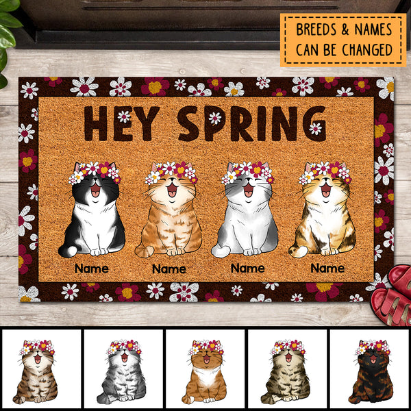 Personalized Doormat, Home Decor Rug, Gift for Cat Lovers Mat, Chubby Cat With Sakura Flower Wreath, Hey Spring