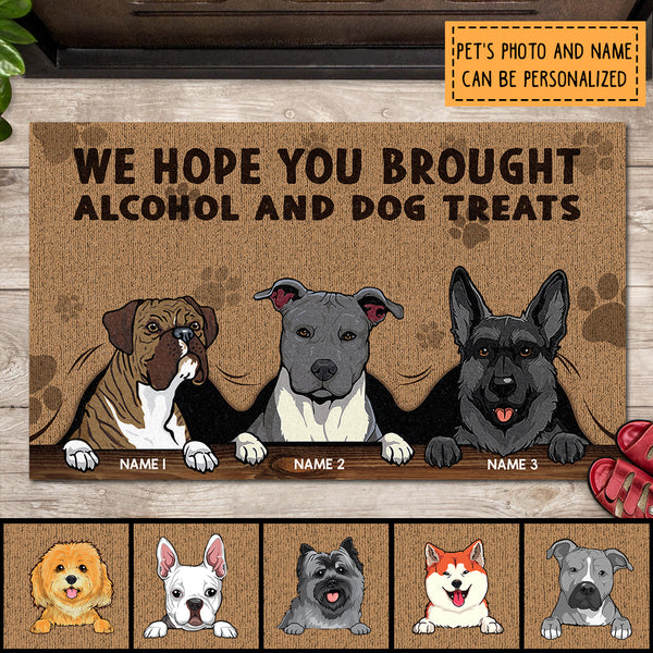 We Hope You Brought Alcohol And Dog Treats, Custom Quotes, Peeking Dog With Curtain, Personalized Dog Doormat