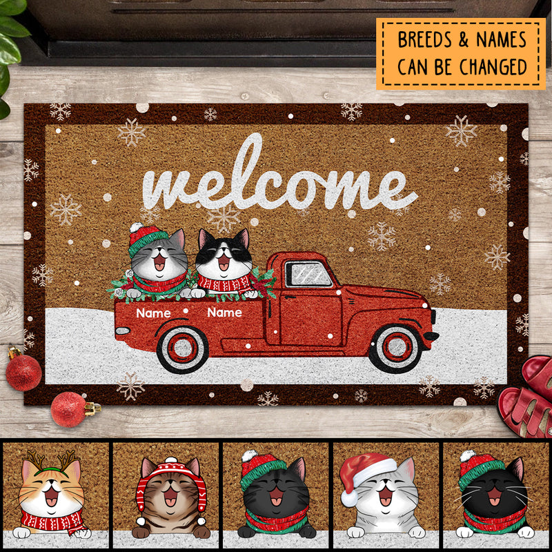 Welcome Cat On The Red Truck Snow, Personalized Cat Christmas Doormat