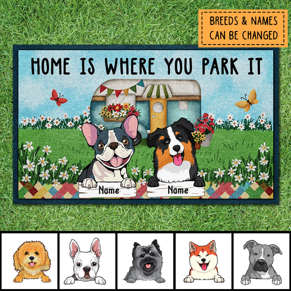 Home Is Where You Park It, Camper Vans On The Green Field With Flowers And Butterflies, Personalized Dog Lovers Doormat