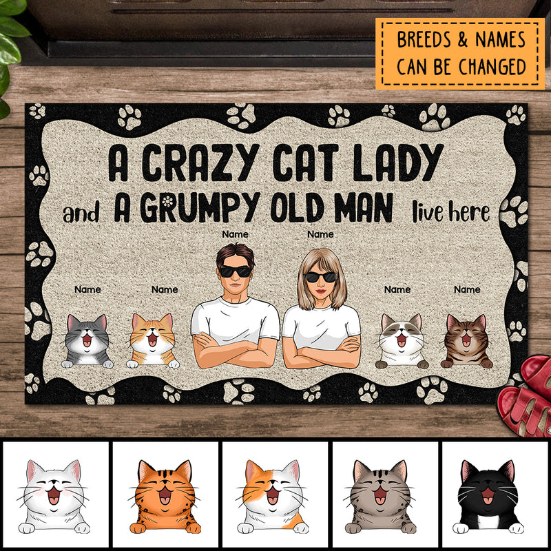 A Crazy Cat Lady And A Grumpy Old Man Live Here, Cat's Paw Print, Personalized Cat Lovers Doormat