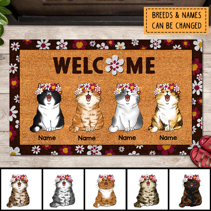 Personalized Doormat, Home Decor Rug, Gift for Cat Lovers Mat, Welcome Home, Chubby Cat With Flower Wreath