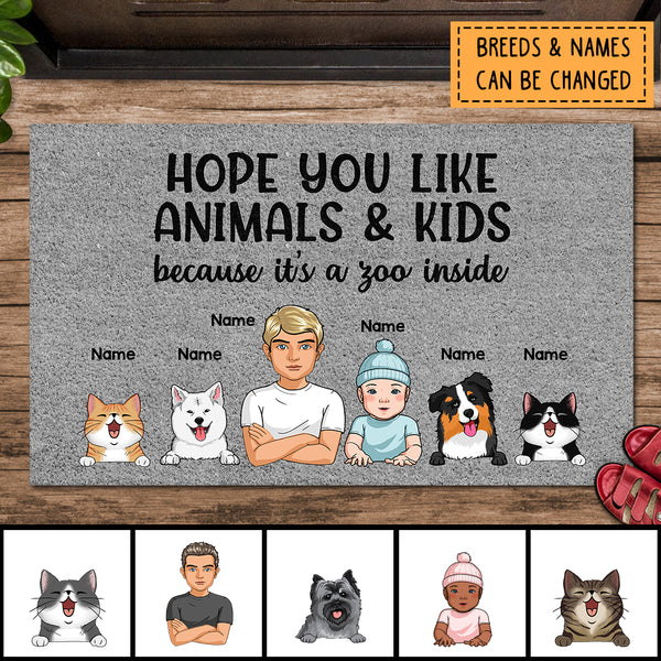 Hope You Like Animals & Kids, Cool Family, Welcome Door Mat, Home Decor, Personalized Dog & Cat Lovers Doormat