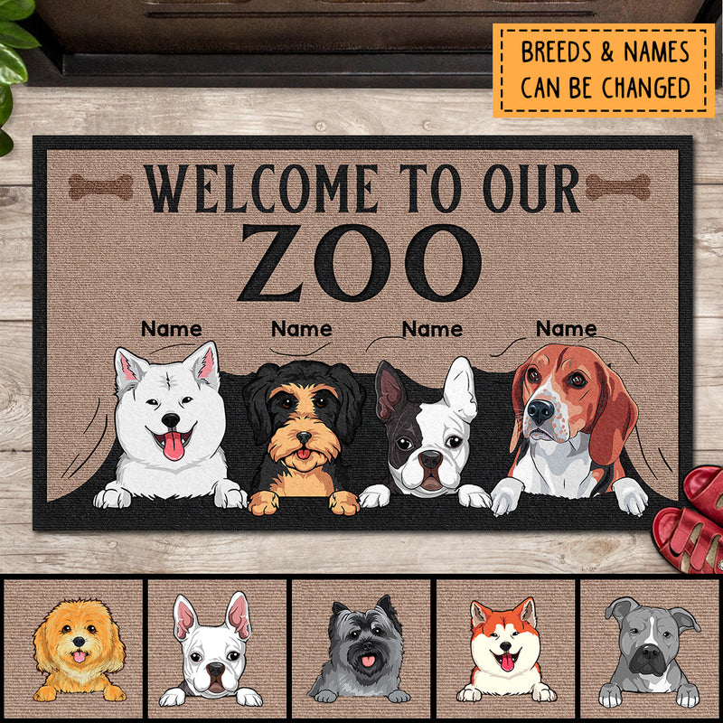 Welcome To Our Zoo, Dog Peeking From Curtain Doormat, Personalized Dog & Cat Doormat
