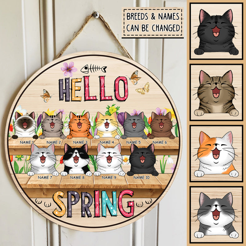 Custom Wooden Signs, Gifts For Cat Lovers, Hello Spring Floral Background Welcome Door Signs