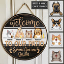 Welcome To Our Patio Signs, Gifts For Pet Lovers, Sipping Grilling Chilling, Dog & Cat Custom Wooden Signs