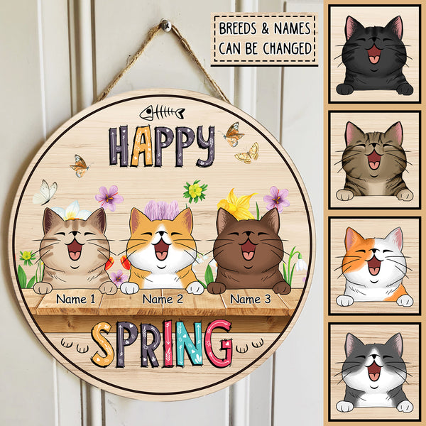 Custom Wooden Signs, Gifts For Cat Lovers, Happy Spring Floral Background Welcome Door Signs