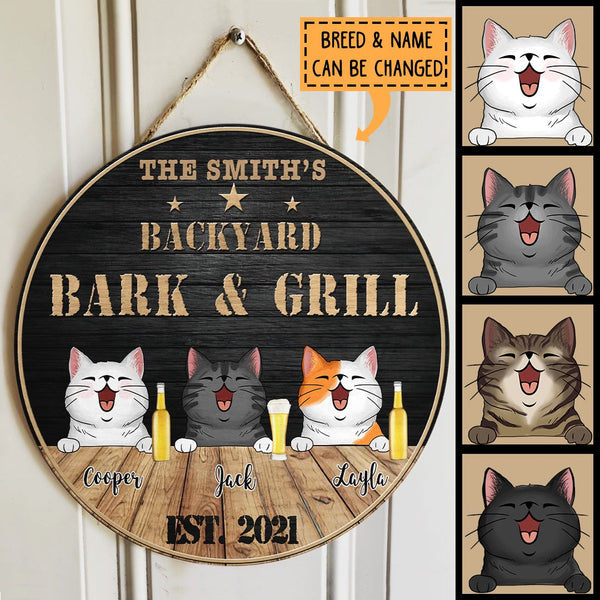 Cat Backyard Bar & Grill Sign, Backyard Home Wreath Black Background, Personalized Cat Breeds Door Sign