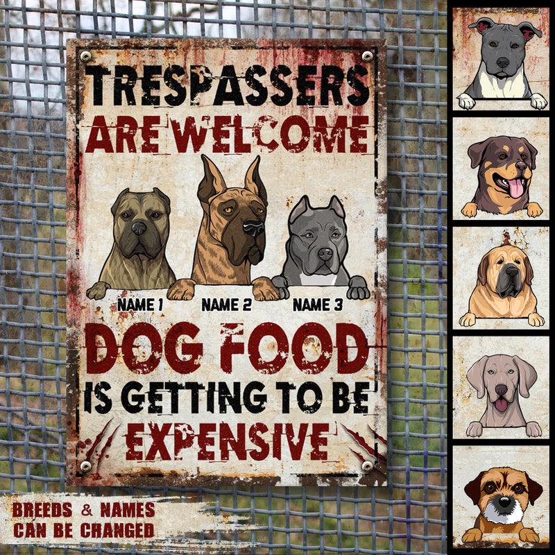 Trespassers Are Welcome Dog Food Is Getting To Be Expensive, Funny Warning Sign, Personalized Dog Breeds Metal Sign