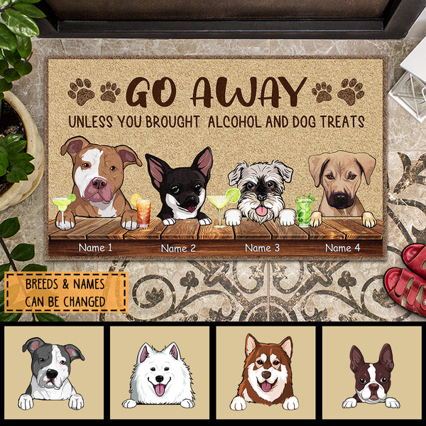 Go Away Unless You Brought Alcohol And Dog Treats, Beige Background, Dog & Beverage, Personalized Dog Lovers Doormat